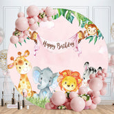 Aperturee - Pink Little Animals Round Birthday Party Backdrop